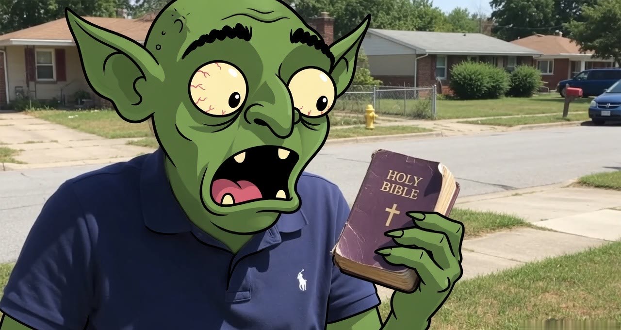 Goblin with a Bible on a suburban street